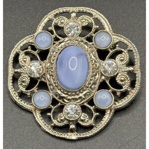 Moonstone Blue‎ Glass & Rhinestone Silver Tone Filigree Pin Brooch